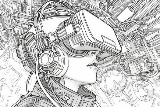 Captivating scene of a woman with VR headset surrounded by a labyrinth of tech elements.