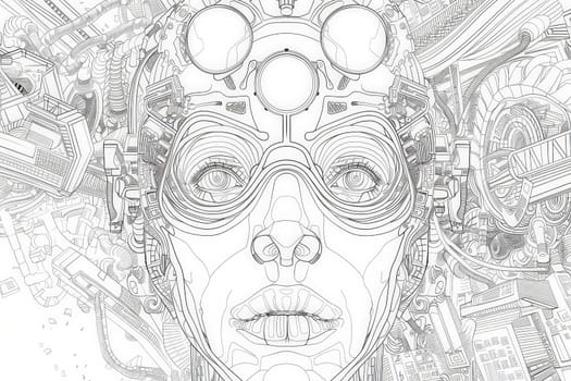 A detailed black and white drawing showcasing the intricate features of a womans face, capturing a sense of mystery and duality.