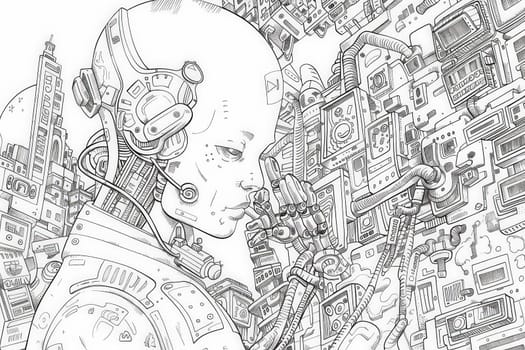 A detailed sketch of a cyborg surrounded by myriad technological devices, wires, and circuitry.