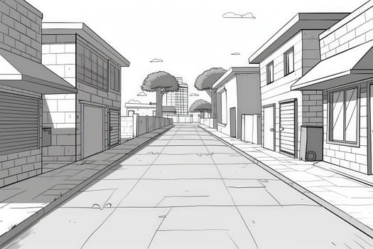 A charming black and white illustration of a bustling city street filled with unique buildings and lively pedestrians.