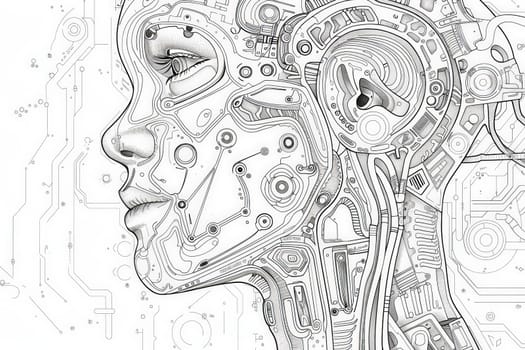 A detailed black and white drawing of a womans head, capturing the delicate features and contrasting tones in a captivating manner.