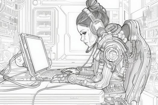A cyber-enhanced technician meticulously configures high-tech machinery in a cutting-edge lab setting.