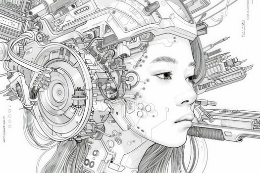 A detailed drawing of a woman with a machine balanced on her head, creating a blend of human and technological elements in a surreal setting.