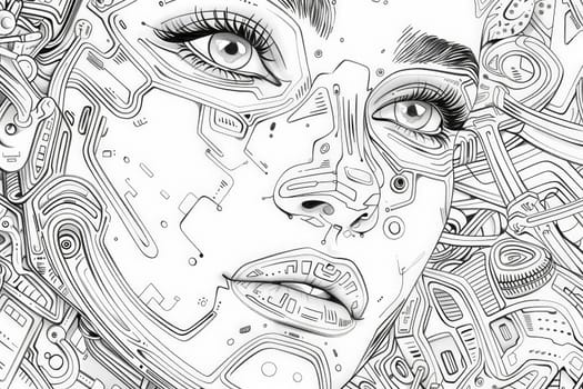 Detailed drawing of a womans face with numerous lines, showcasing intricate features and emotions.