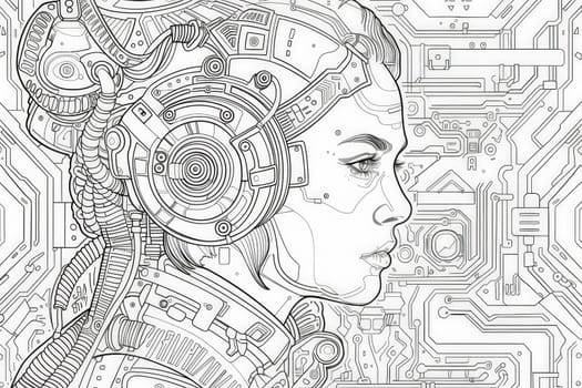 A womans profile merges with complex machinery in a seamless blend of humanity and technology.