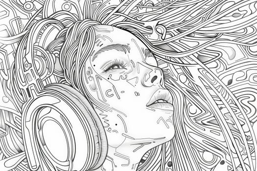A woman lost in music, her world transformed into intricate designs that dance with the tunes.