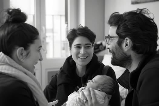 A man and woman tenderly hold a baby in their arms, exuding love and warmth as they gaze down at the precious little one.