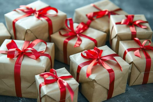 A group of beautifully wrapped presents adorned with red ribbons, creating a scene of joy and anticipation.
