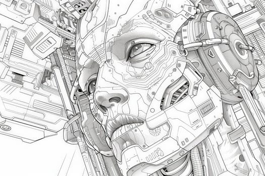 A detailed line-art of a face, merging human features with technological components.