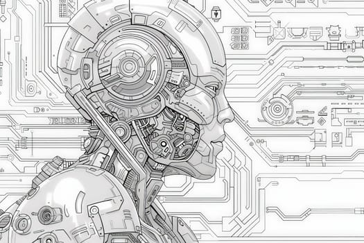 A detailed line art of an android profile integrated with complex circuit designs.