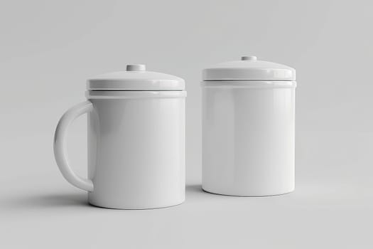 Two pristine white coffee mugs are positioned adjacently, exuding a sense of calm and simplicity in their arrangement.