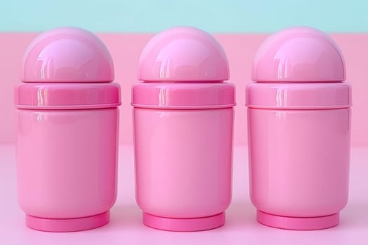 Three pink containers are placed on a table, showcasing elegant and stylish packaging mockups.
