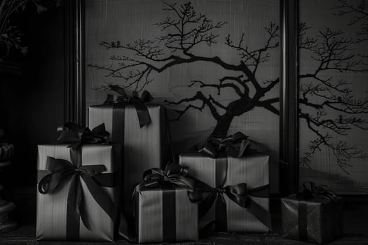 Various wrapped presents scattered in front of a tree, creating a charming and festive scene.