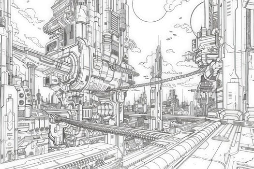 An expansive view of a futuristic city with towering structures and intricate details.