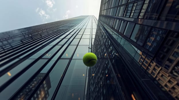 A tennis ball flies through the air, ascending towards a tall, impressive building in the background.