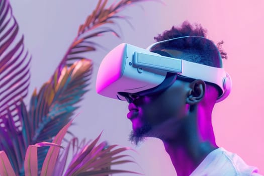 A man wearing a VR headset stands amidst vibrant, neon hues.
