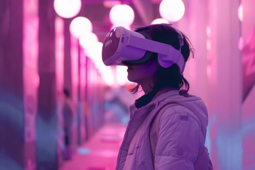 A woman delves into virtual reality while wearing a headset in a hallway, lost in a world only she can see.