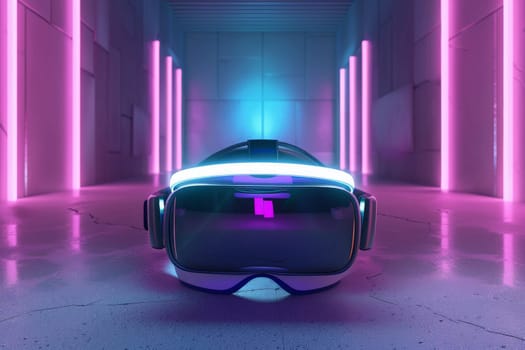 A VR headset gleams under neon lights, promising a futuristic adventure in a cutting-edge digital corridor.