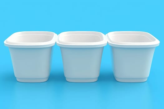 Three white plastic containers stand gracefully on a vibrant blue background, creating a serene and minimalist composition.