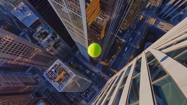 A vibrant yellow ball hovers effortlessly in the sky, casting a warm glow over the bustling city below.