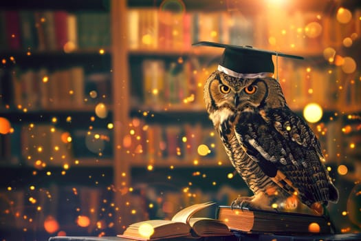 An wise owl with a graduation hat sitting on top of books in the library. AI generated