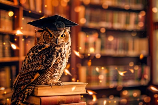 An wise owl wearing a graduation hat and sitting on top of books in the library. AI generated
