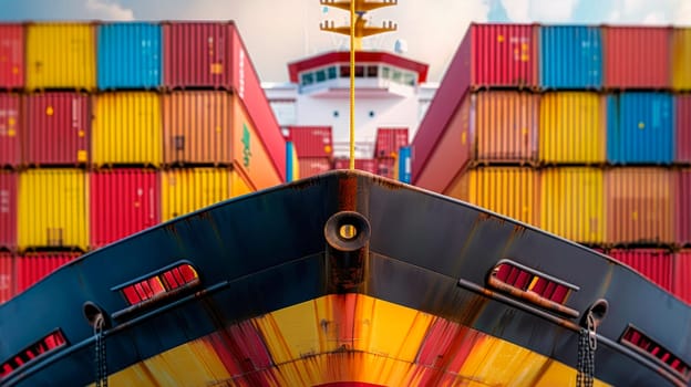 Front, close view of container vessel.Performing cargo export and import operations. AI generated
