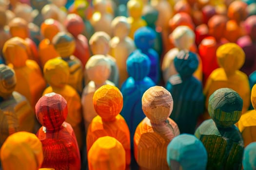 Crowd of color wood  people figures. Diversity and inclusion concept. AI generated