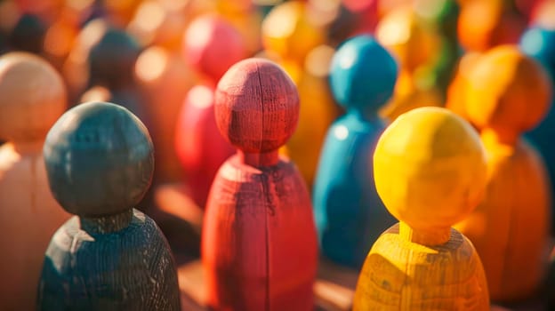Diversity and inclusion concept. Crowd of color wood  people figures. AI generated .