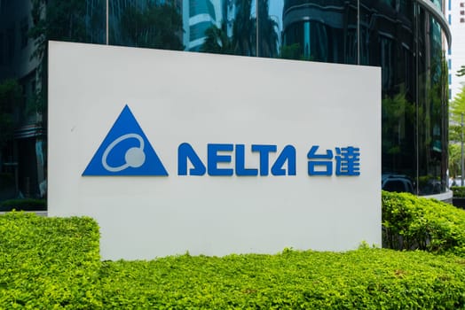 Taipei, Taiwan 14 April 2024: Technology company called Delta signage in Taipei city