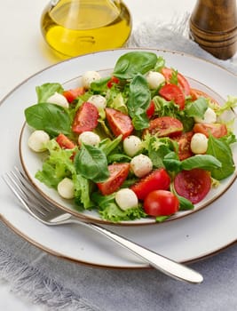 Salad with mozzarella, cherry tomatoes and green lettuce in a white round plate on the table