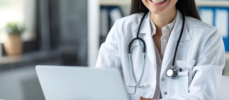 Close up of Women Doctor holding and using modern laptop. Healthcare assistant with stethoscope isolated background. Medical nurse with gadget.