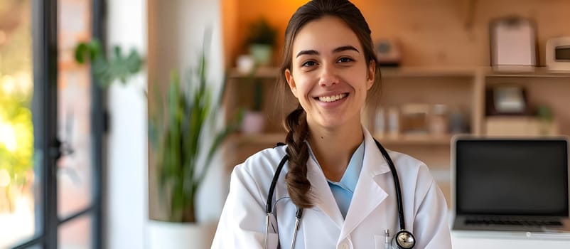 Image of confident female doctor, intern with medical robe, looking confident at camera. Professional doctor at the hospital. Medical healthcare business and doctor service.