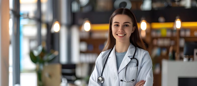 Professional doctor at the hospital. Medical healthcare business and doctor service. Young female doctor on modern clinic background.