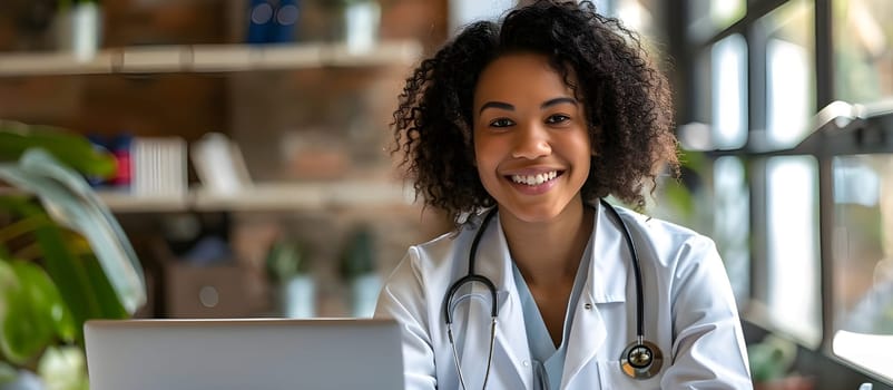 Woman hospital worker looking at camera and smiling office background. Medical concept of beautiful female doctor in white coat with stethoscope.