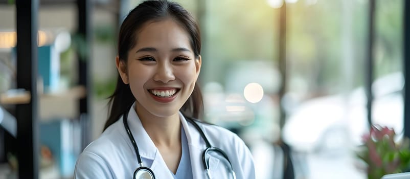Smiling friendly young female professional confident doctor head shot. Smiling female doctor in hospital office background.