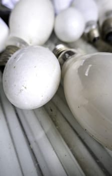 Detail of old damaged and discarded light bulbs, recycling