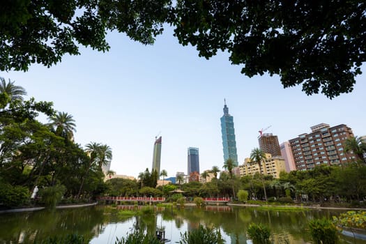 Taipei, Taiwan 14 September 2023: Taipei city downtown view with lake