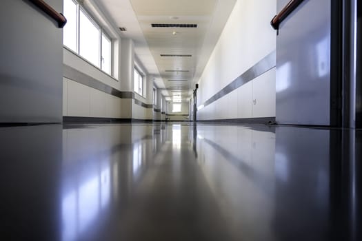 Detail of long hospital corridor, hygiene and sanitation