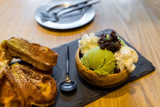 Waffle with green tea iced cream