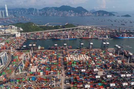 Kwai Tsing, Hong Kong 08 June 2022: Top view of Hong Kong cargo terminal port