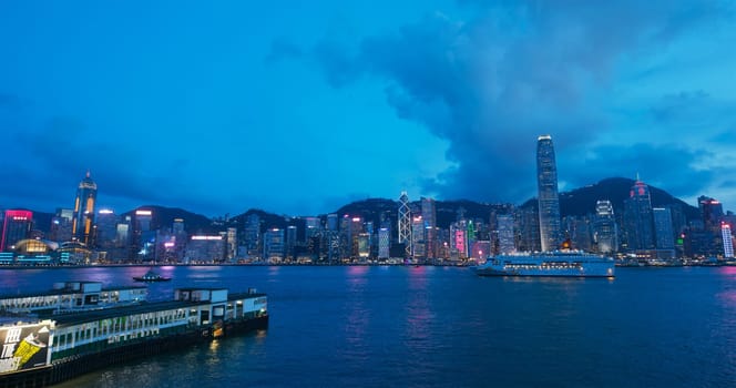 Victoria Harbor, Hong Kong 06 July 2019: Hong Kong at night
