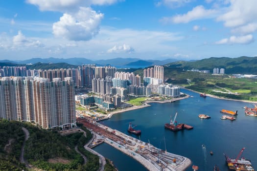 Tseung Kwan O,  Hong Kong 07 August 2021: Drone fly over the bridge under construction