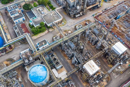 Tai Po, Hong Kong 19 May 2019: Top view of Hong Kong industrial factory plant