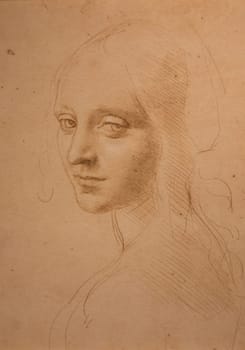 Turin, Italy - April, 2023: Leonardo da Vinci drawing, Royal Library - Face of a Girl, 1485