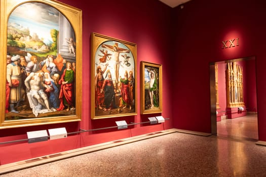 Milan, Italy - 23 September 2023: Brera antique painting museum interior. Vintage art exibition, elegant indoor, nobody.