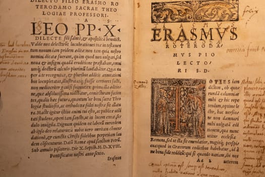 Turin, Italy - 22 April 2023: Erasmo da Rotterdam - Erasmus Roterodamus - New Testament, first printed in 1516