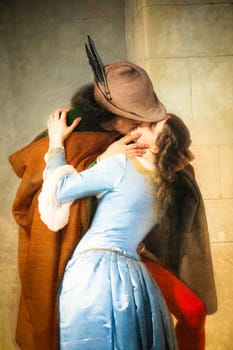 Milan, Italy - 23 September 2023: Brera antique painting museum. The Kiss - Il Bacio - by Francesco Hayez, 1859