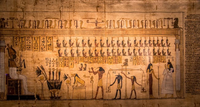 Turin, Italy - February 2023: Egyptian Museum. Detail of the Book of the Dead with funerary formulas and spells, papyrus, 330 BC