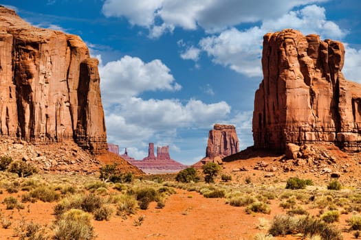 Monument Valley horizon, US, Navajo canyon park. Scenic sky, nature and rock desert.